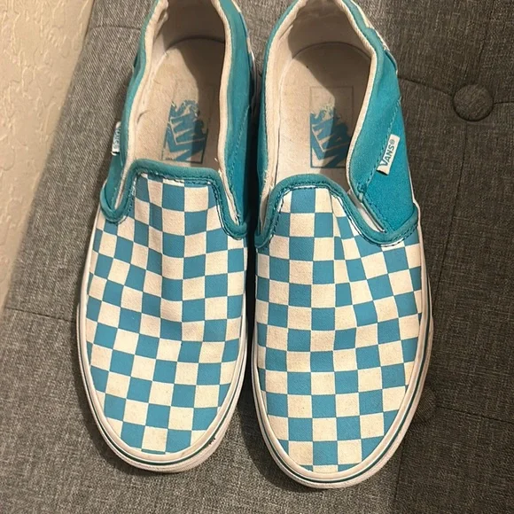 Vans Teal and White Checkered Slip-On Sneakers
